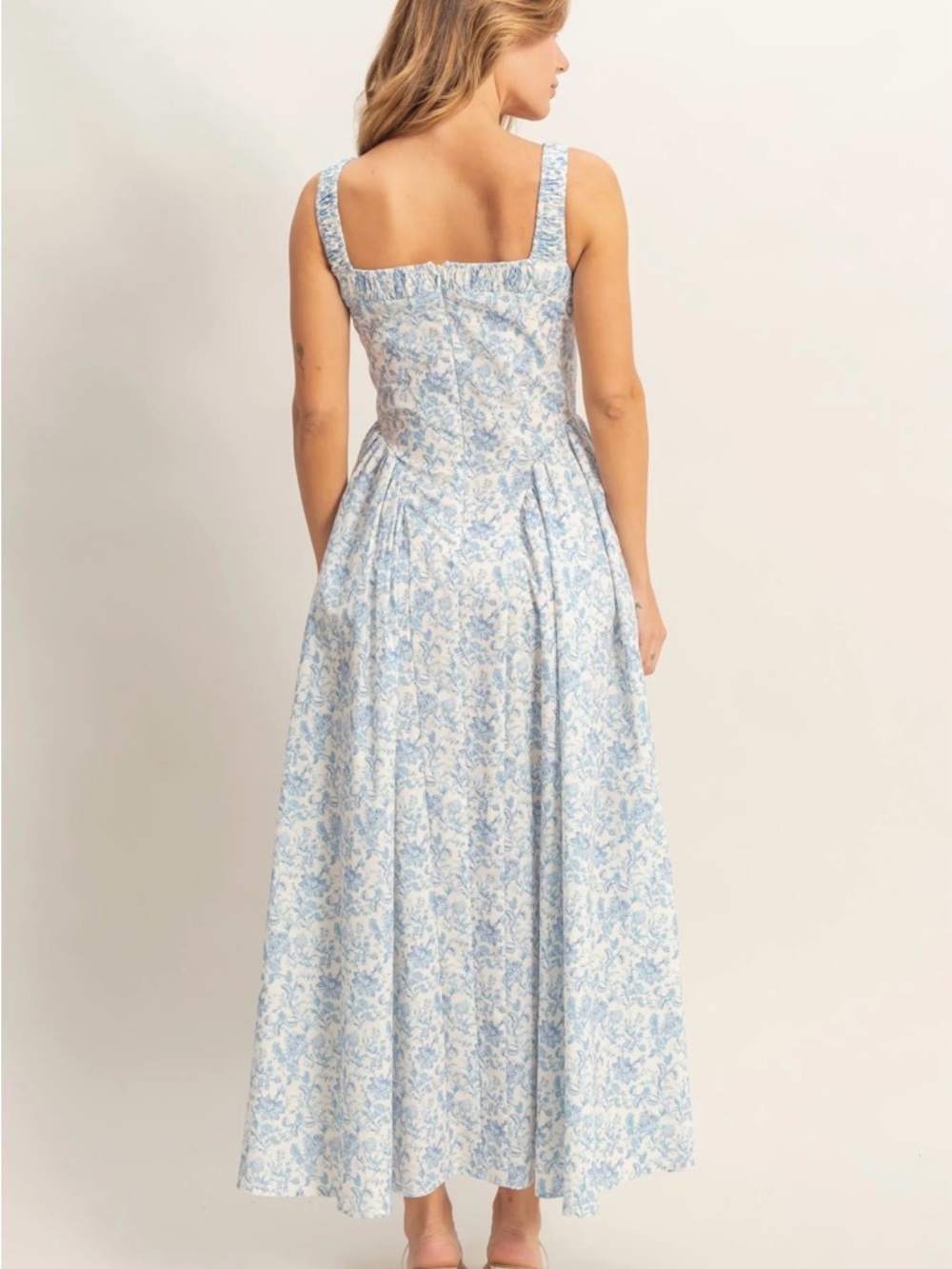 HYFVE Blue Floral Cotton Empire Waist Maxi Dress Square Neck Cottagecore Medium - Picture 3 of 5